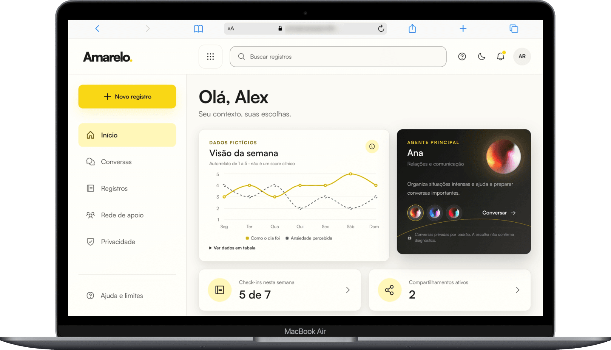 Painel Amarelo aberto em um MacBook Air, com navegação completa, visão da semana, Elo principal e controles de memória